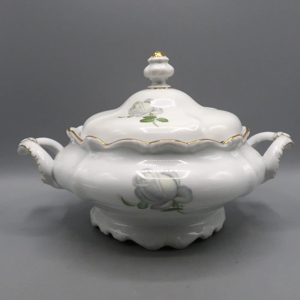 Johann Haviland Bavaria Germany White Rose Serving Vegetable Lidded Bowl